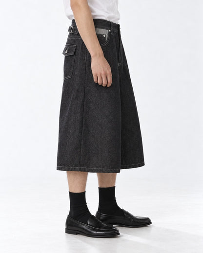 Button-Fly Wide-Leg Denim Shorts (Black)
