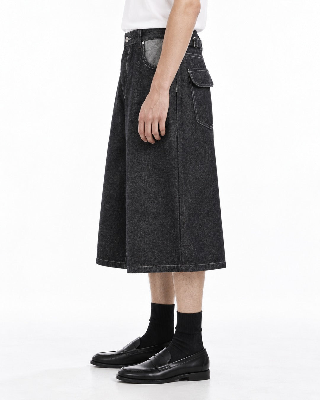 Button-Fly Wide-Leg Denim Shorts (Black)