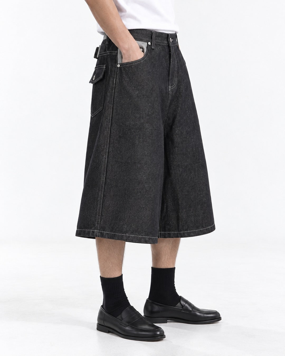 Button-Fly Wide-Leg Denim Shorts (Black)