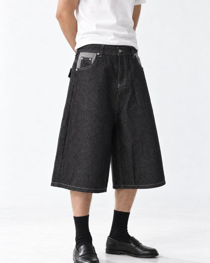 Button-Fly Wide-Leg Denim Shorts (Black)
