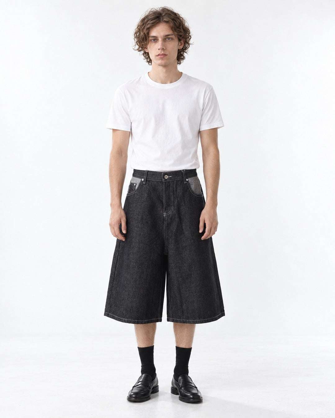 Button-Fly Wide-Leg Denim Shorts (Black)