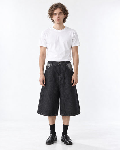 Button-Fly Wide-Leg Denim Shorts (Black)