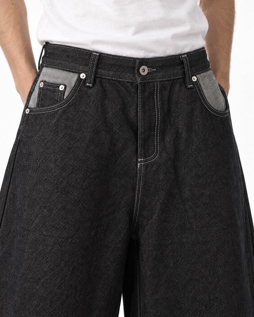 Button-Fly Wide-Leg Denim Shorts (Black)