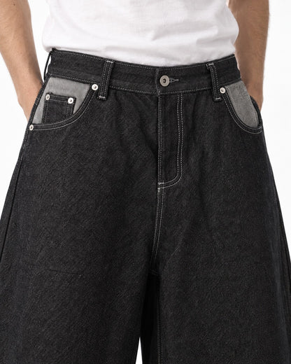 Button-Fly Wide-Leg Denim Shorts (Black)
