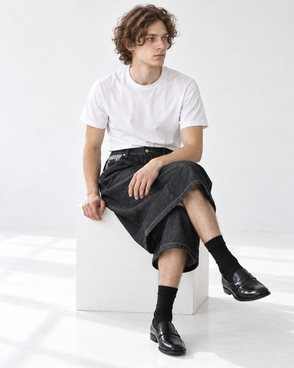 Button-Fly Wide-Leg Denim Shorts (Black)