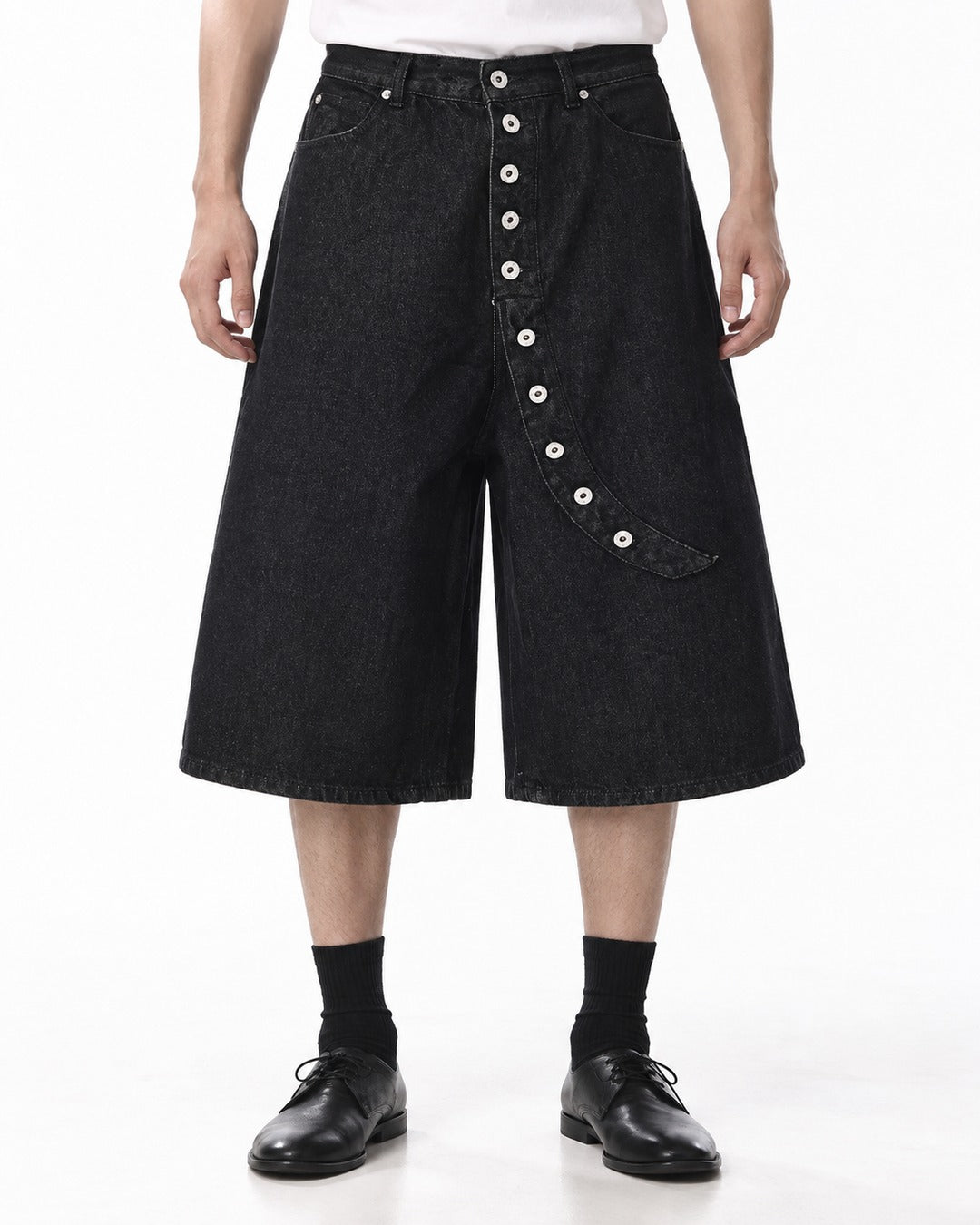 Wide-Leg Button-Fly Denim Shorts