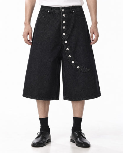 Wide-Leg Button-Fly Denim Shorts