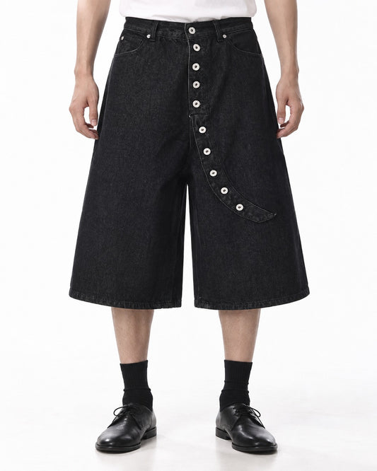 Wide-Leg Button-Fly Denim Shorts