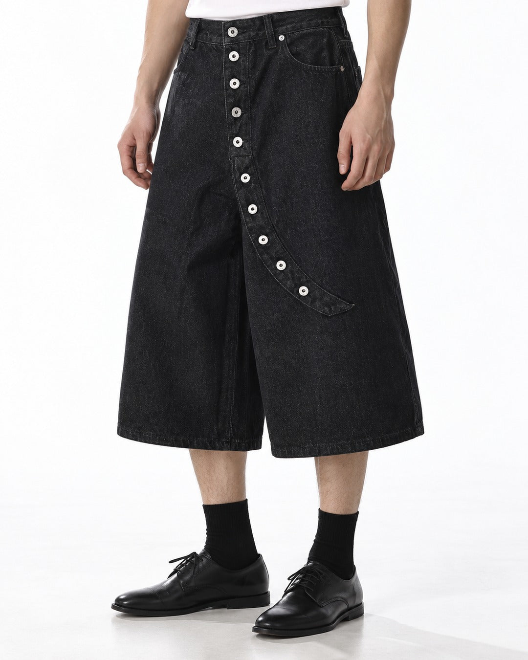 Wide-Leg Button-Fly Denim Shorts