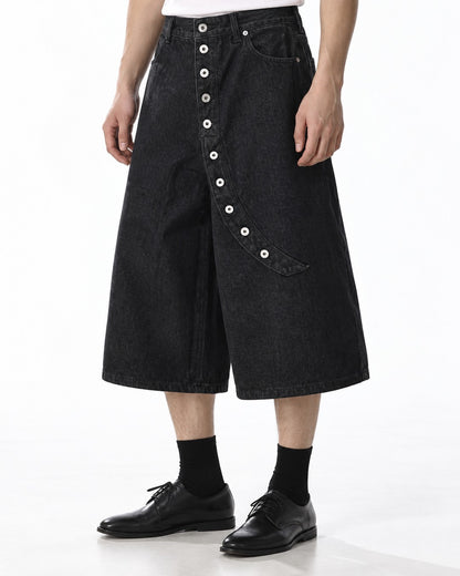 Wide-Leg Button-Fly Denim Shorts