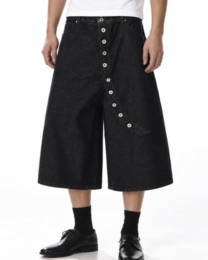 Wide-Leg Button-Fly Denim Shorts