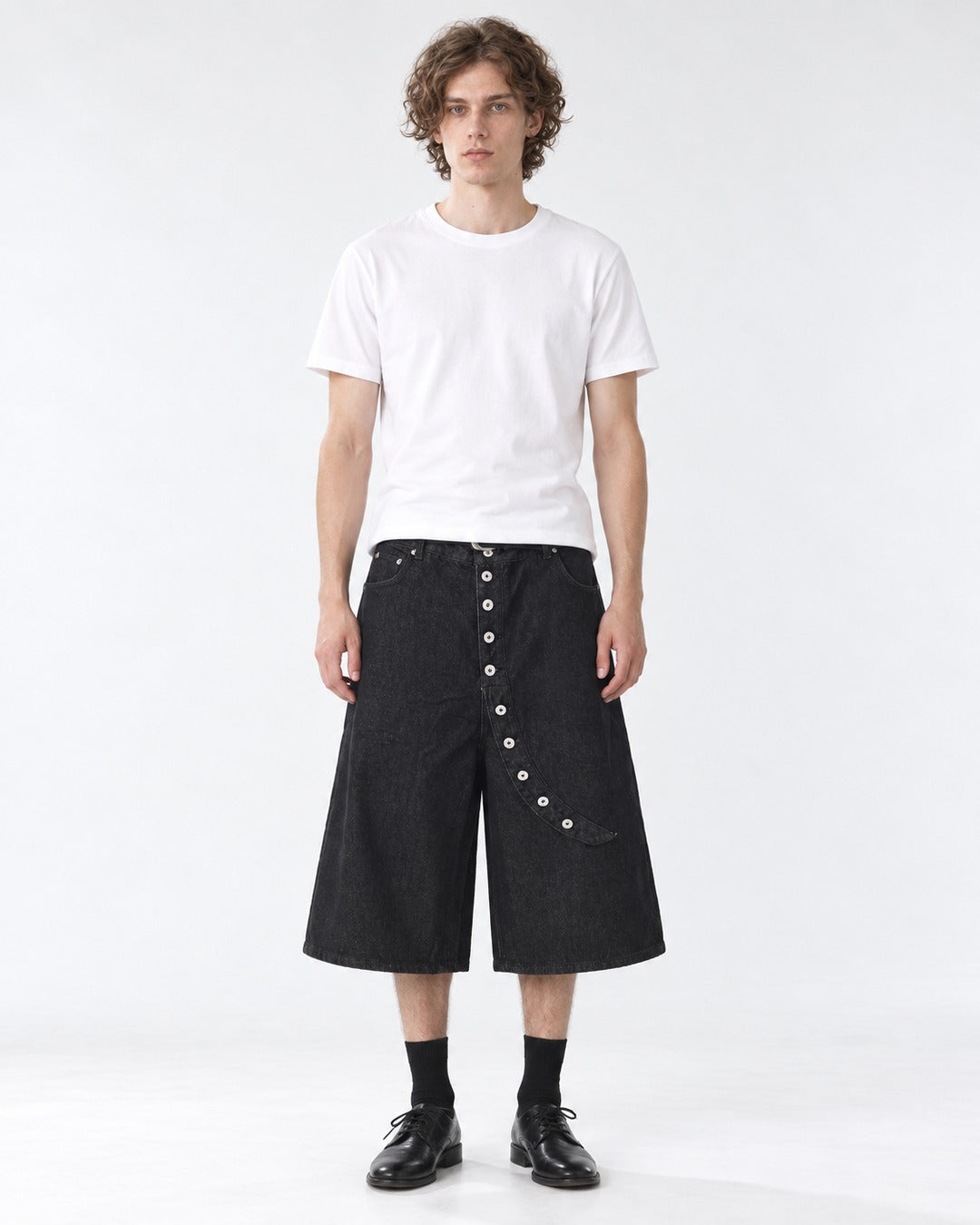 Wide-Leg Button-Fly Denim Shorts