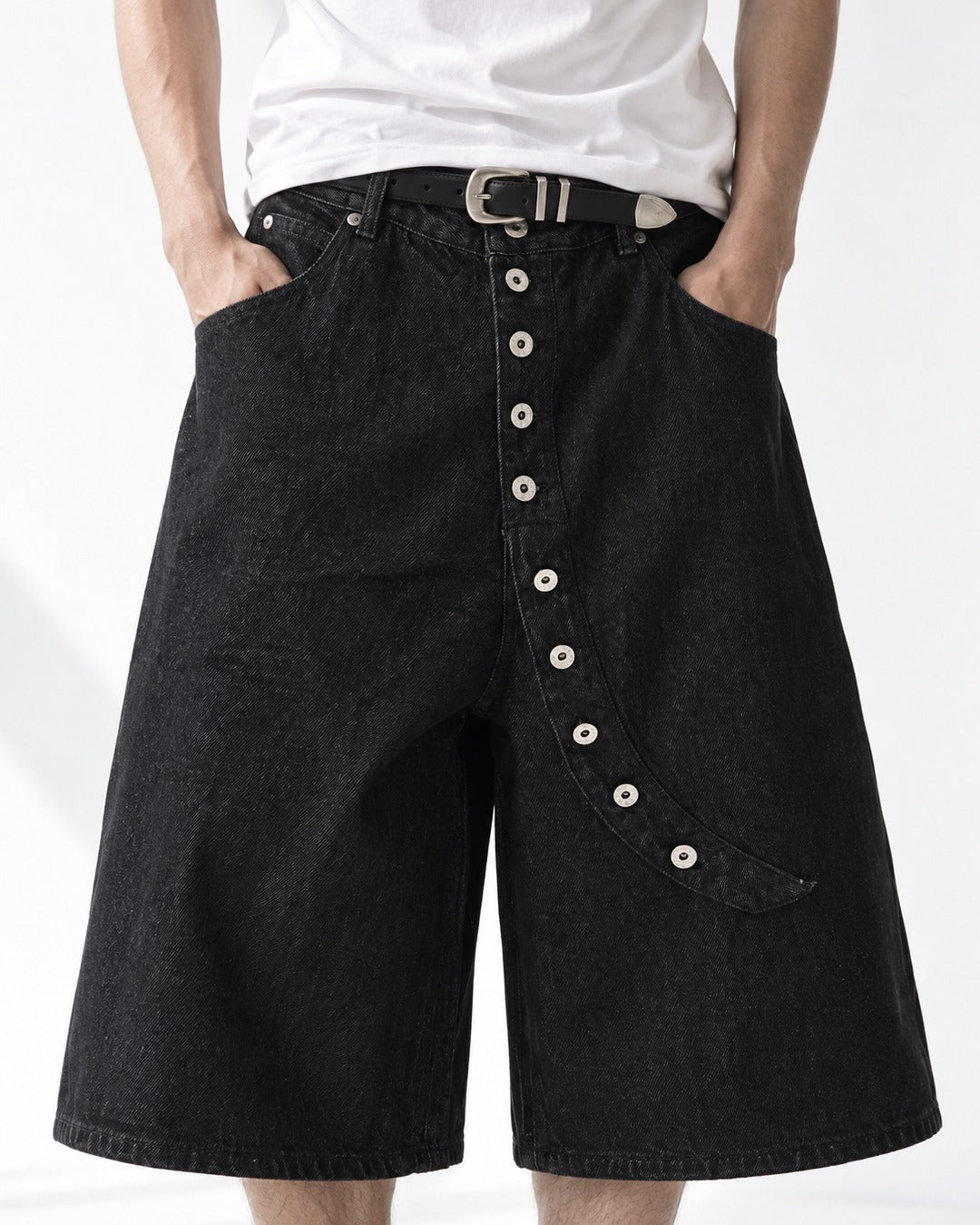Wide-Leg Button-Fly Denim Shorts