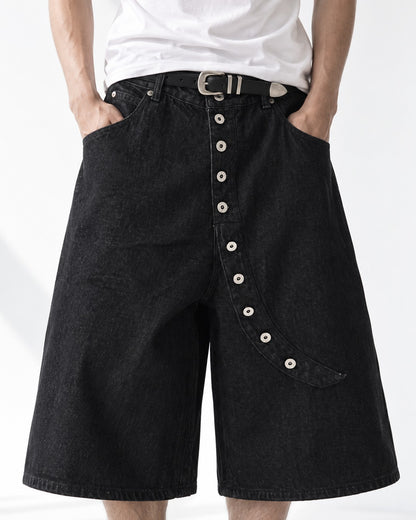 Wide-Leg Button-Fly Denim Shorts