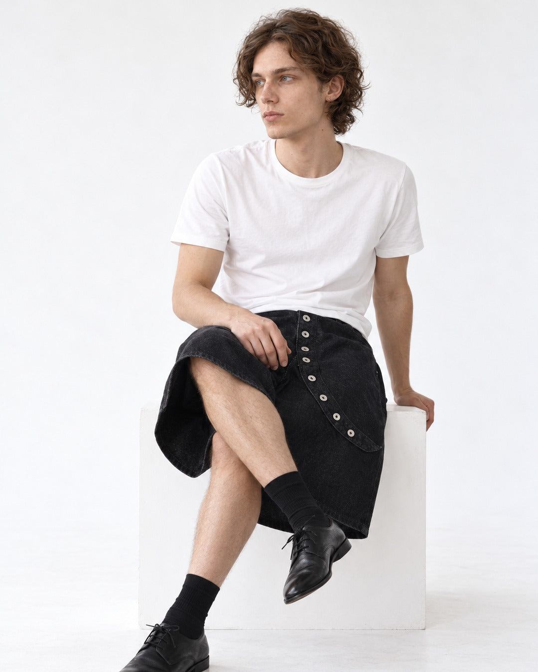 Wide-Leg Button-Fly Denim Shorts