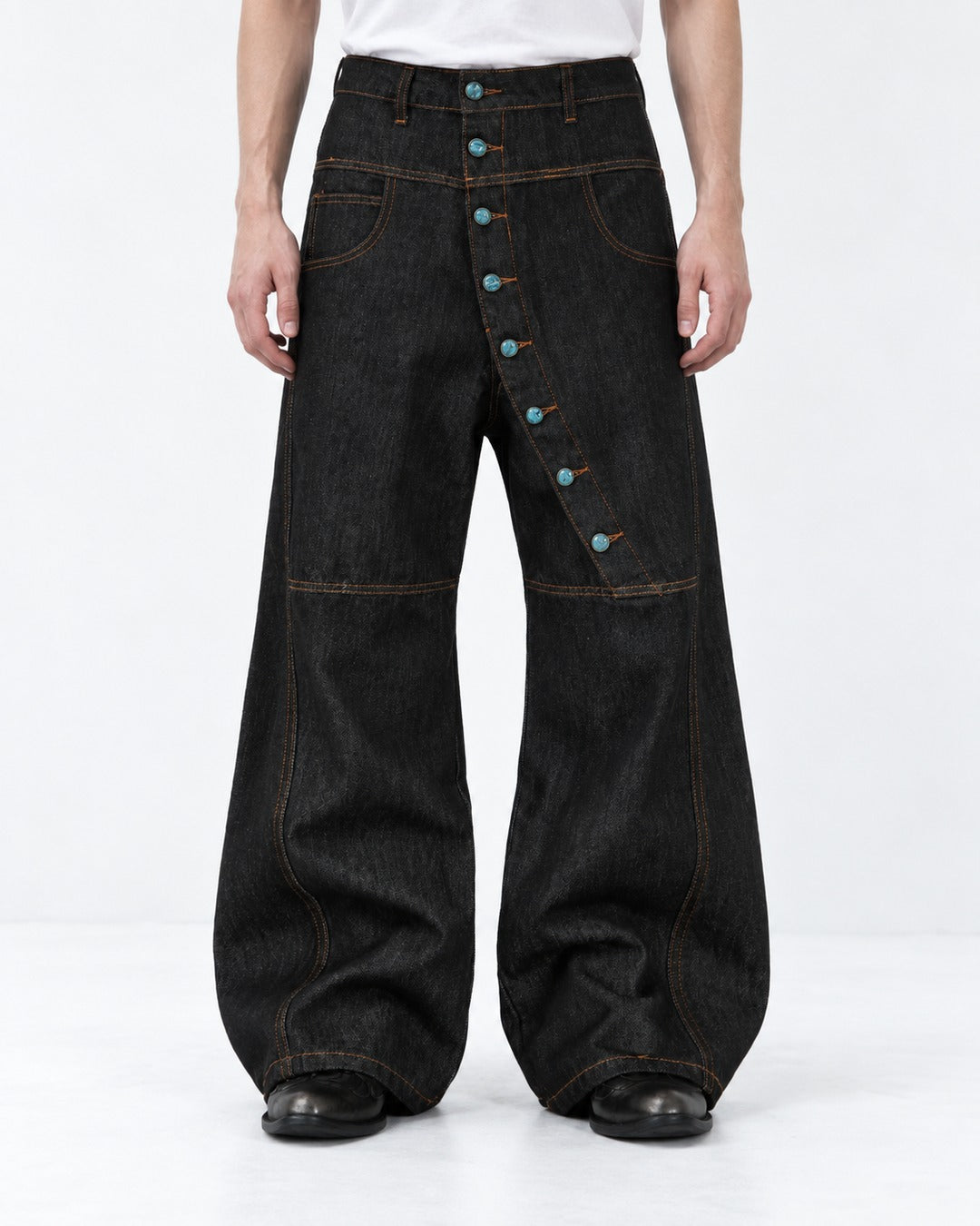 Diagonal Snap-Placket Wide-Leg Jeans
