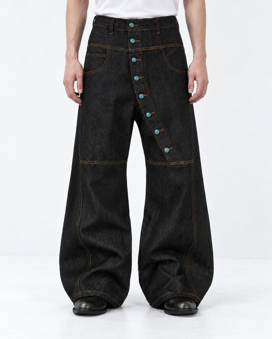 Diagonal Snap-Placket Wide-Leg Jeans