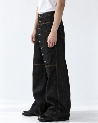 Diagonal Snap-Placket Wide-Leg Jeans