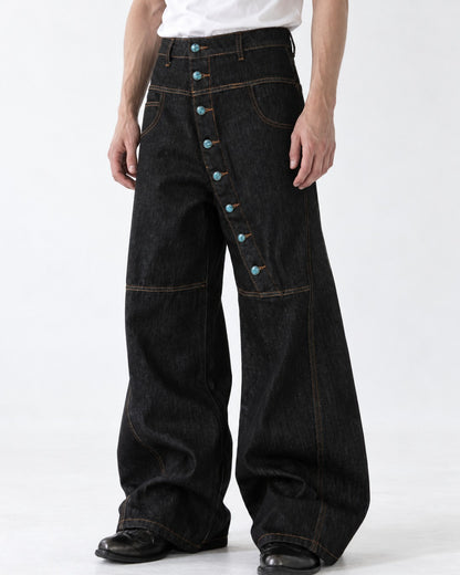 Diagonal Snap-Placket Wide-Leg Jeans