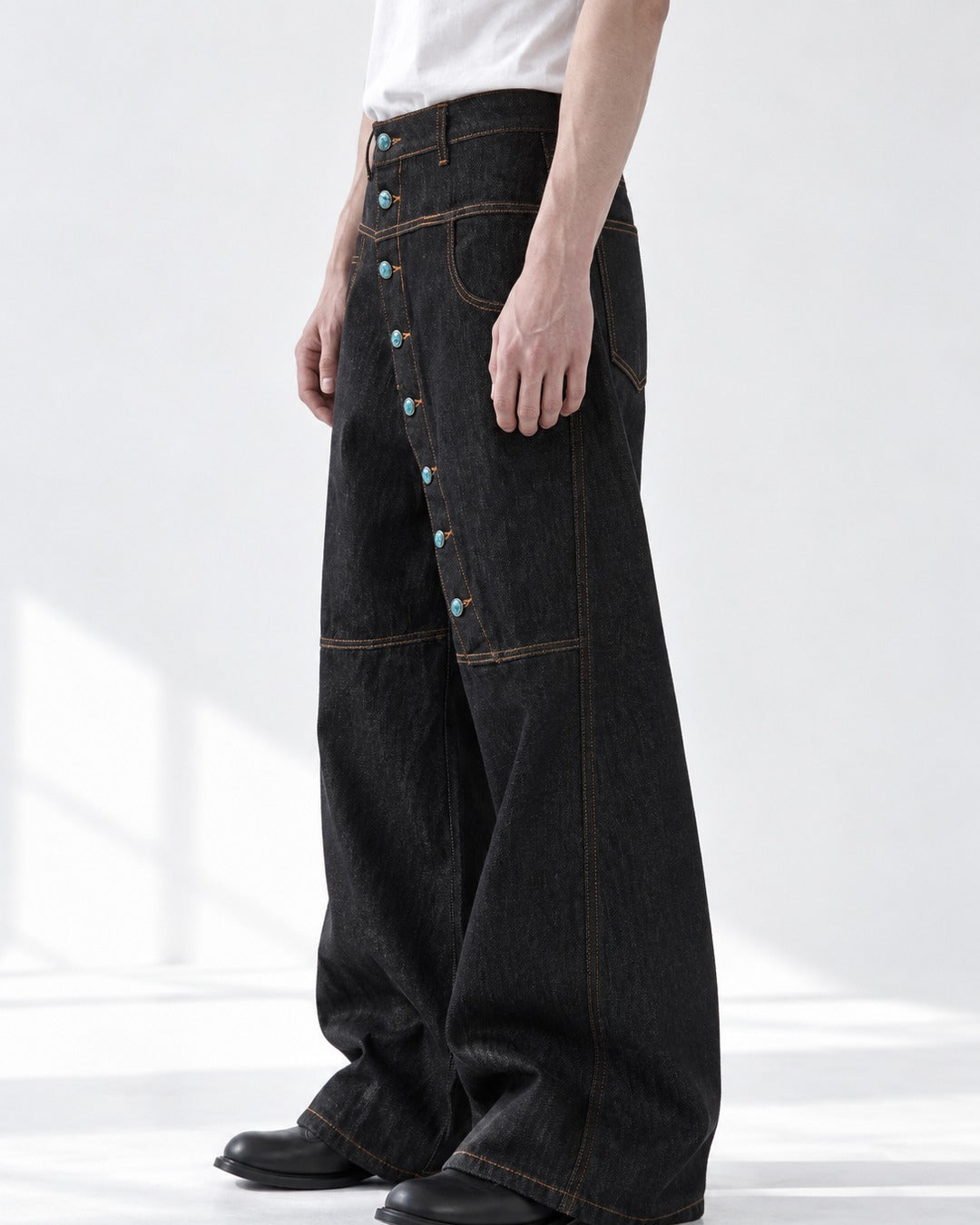 Diagonal Snap-Placket Wide-Leg Jeans