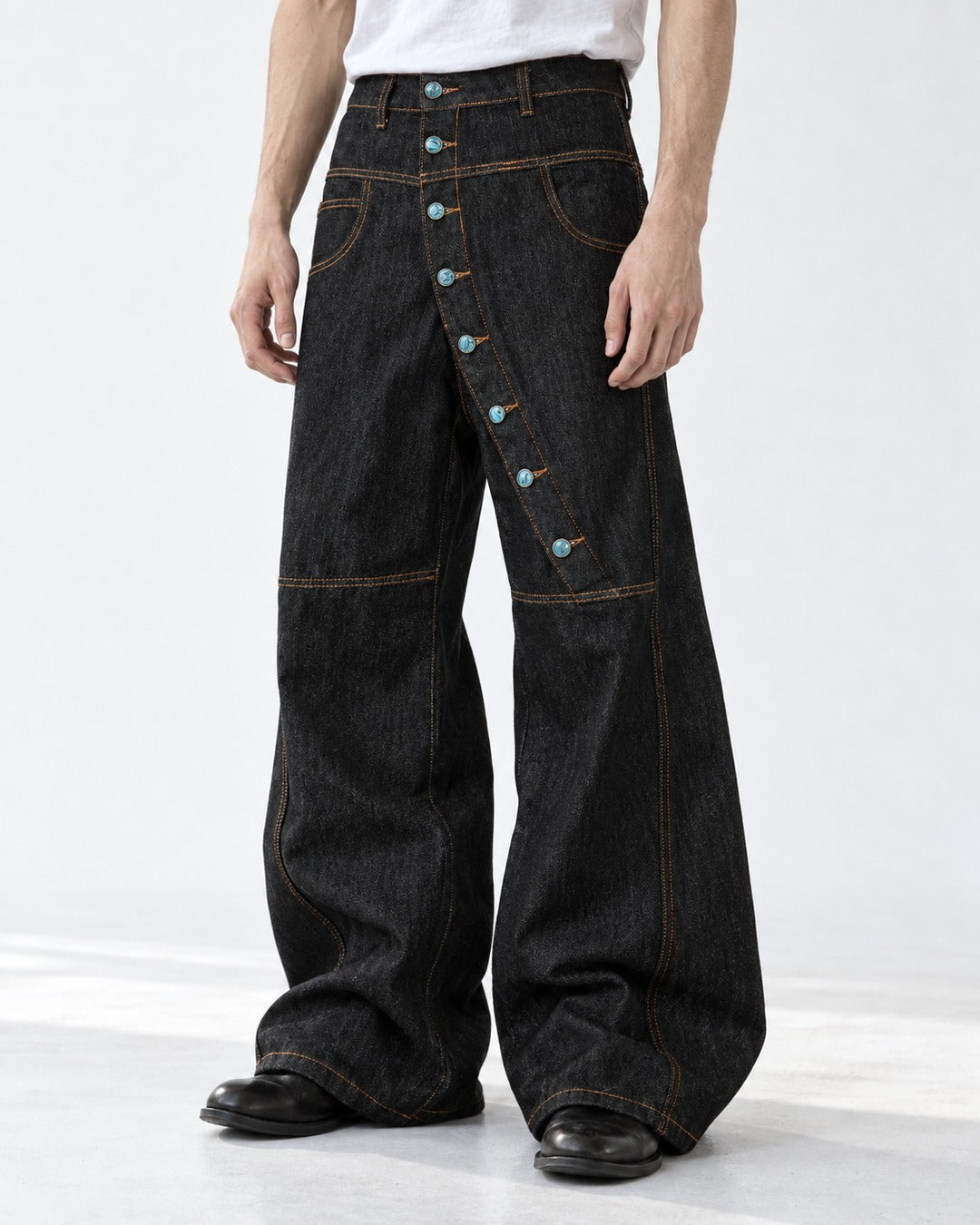 Diagonal Snap-Placket Wide-Leg Jeans