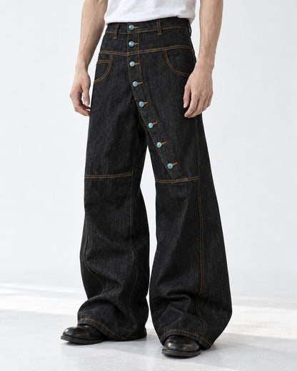 Diagonal Snap-Placket Wide-Leg Jeans