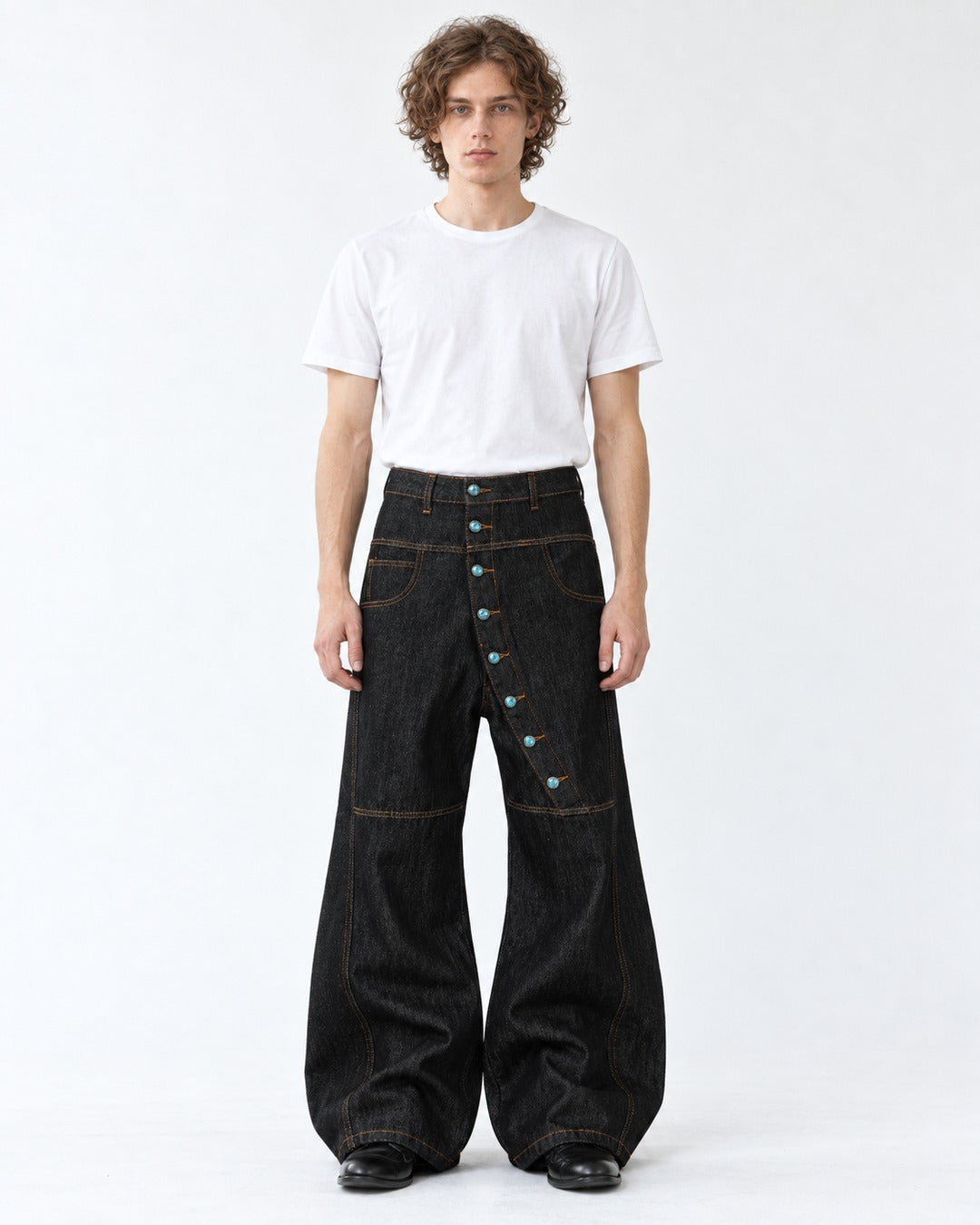 Diagonal Snap-Placket Wide-Leg Jeans