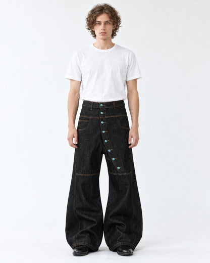 Diagonal Snap-Placket Wide-Leg Jeans