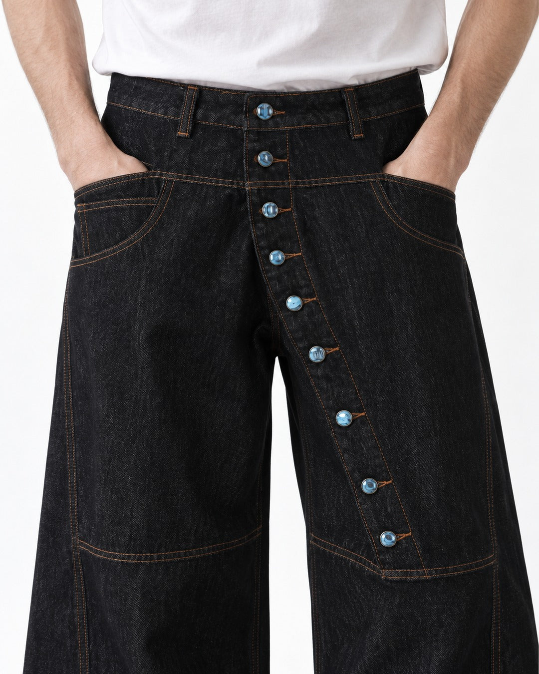 Diagonal Snap-Placket Wide-Leg Jeans