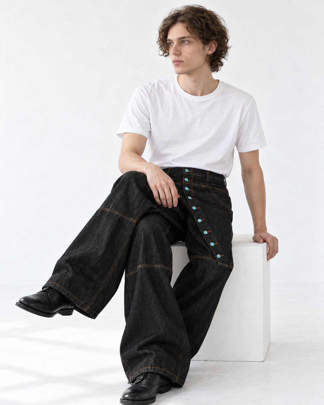 Diagonal Snap-Placket Wide-Leg Jeans