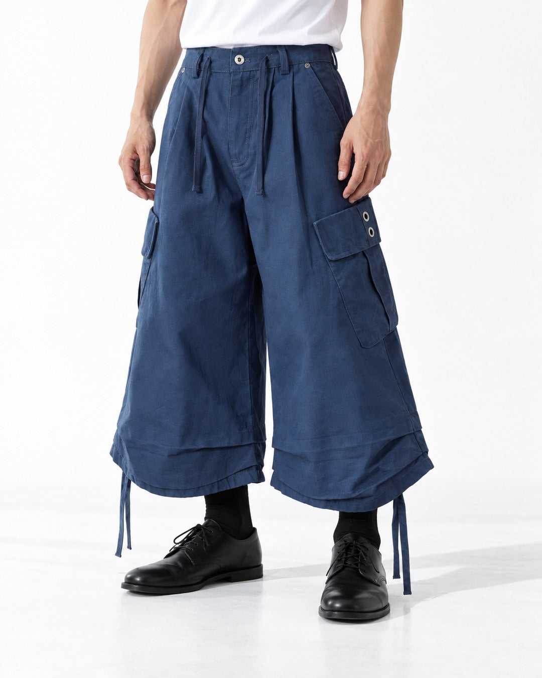 Pleated Drawstring-Hem Rivet Cargo Pants