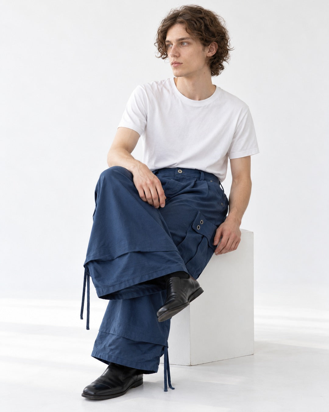 Pleated Drawstring-Hem Rivet Cargo Pants