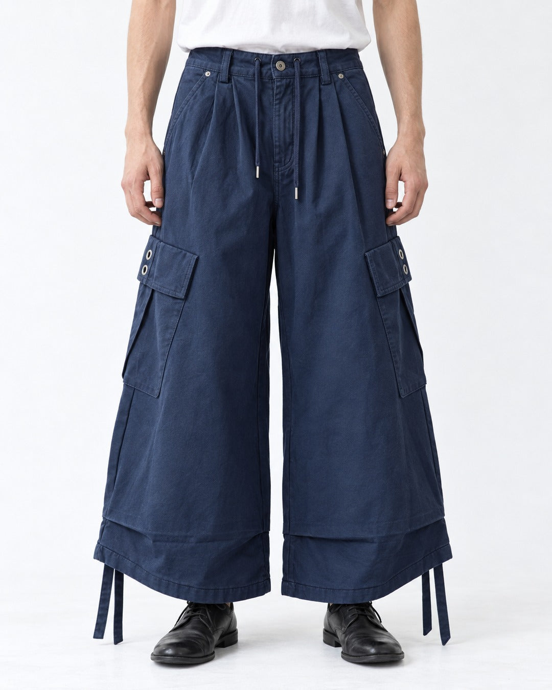 Pleated Drawstring-Hem Rivet Cargo Pants