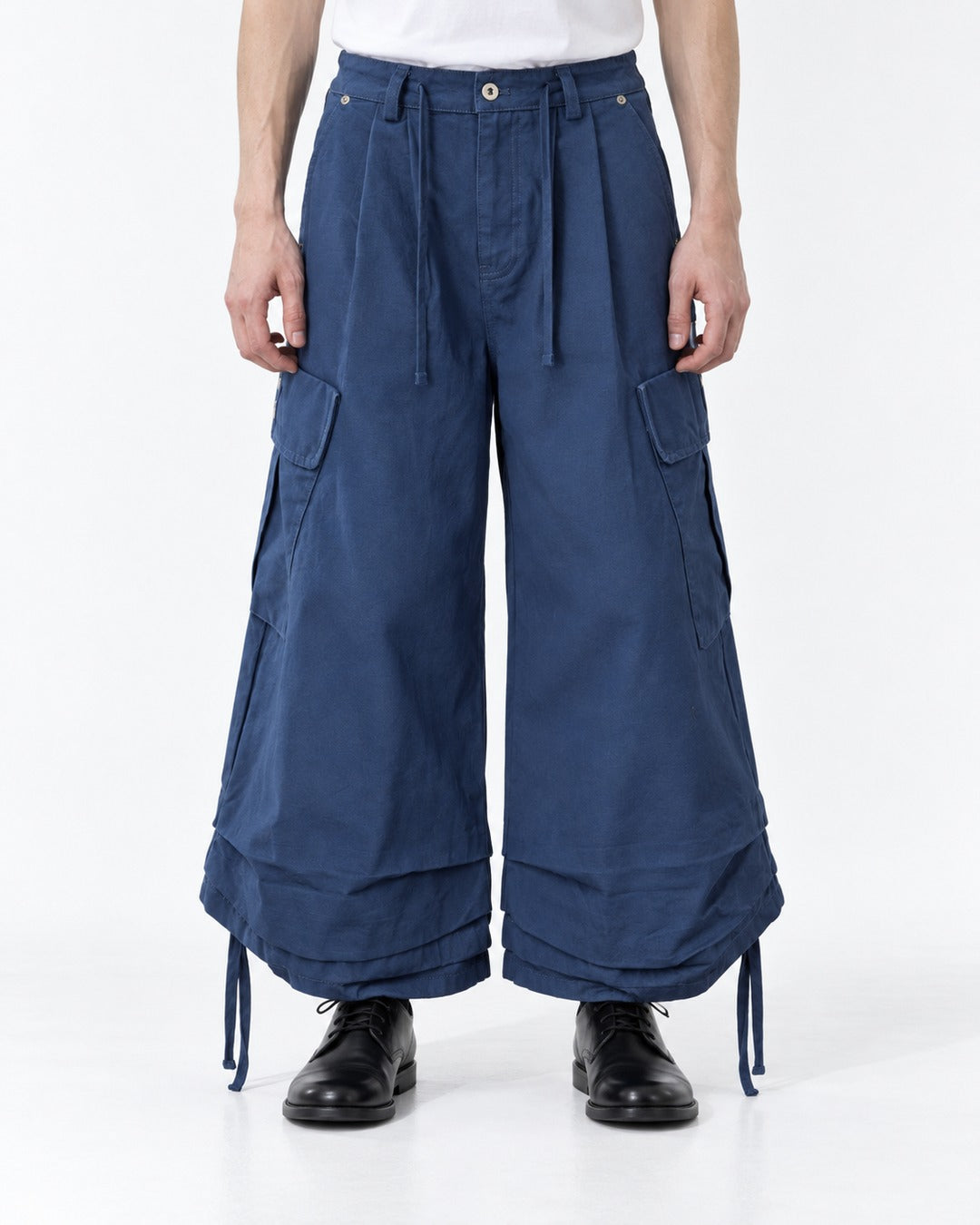 Pleated Drawstring-Hem Rivet Cargo Pants