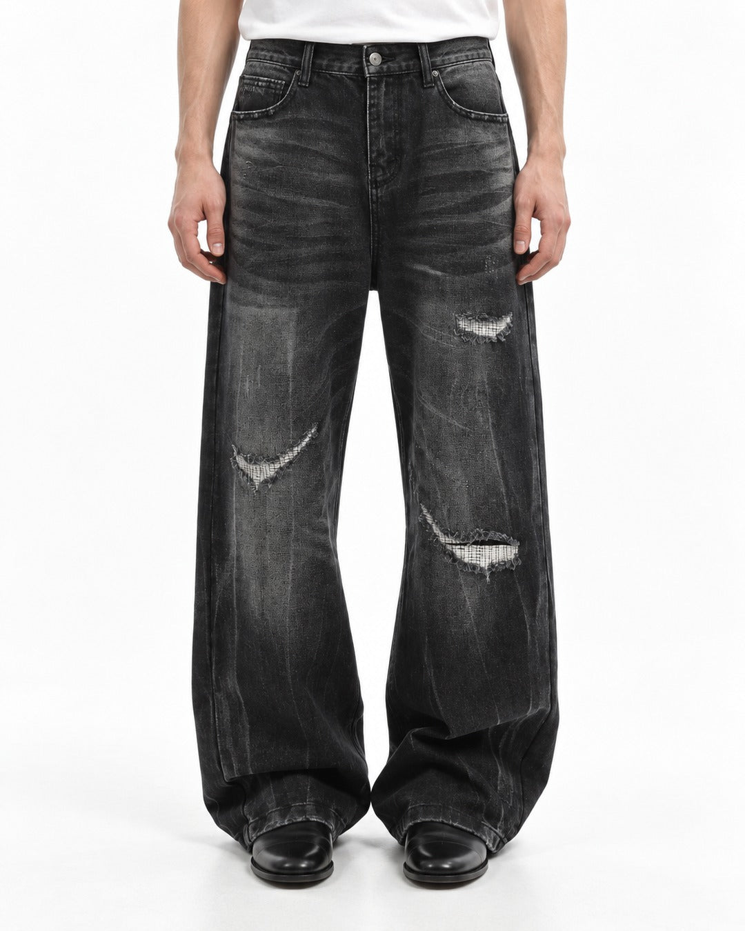 Ripped Whisker-Fade Wide-Leg Jeans
