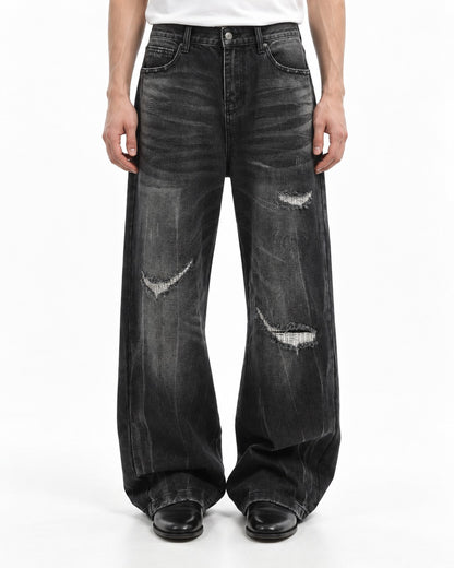 Ripped Whisker-Fade Wide-Leg Jeans
