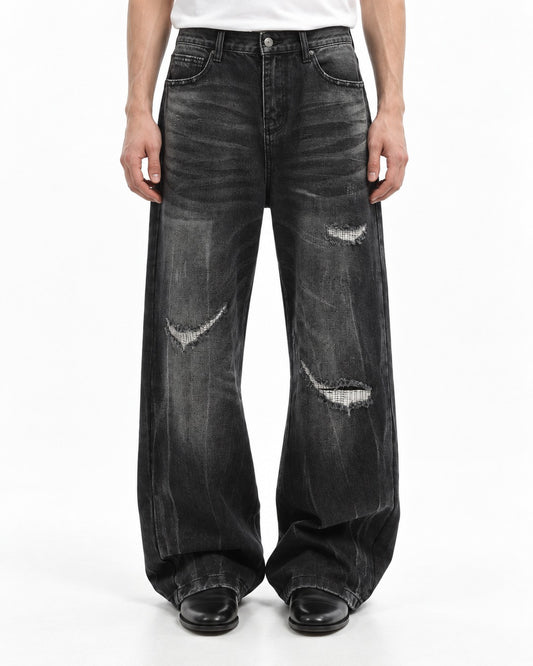 Ripped Whisker-Fade Wide-Leg Jeans