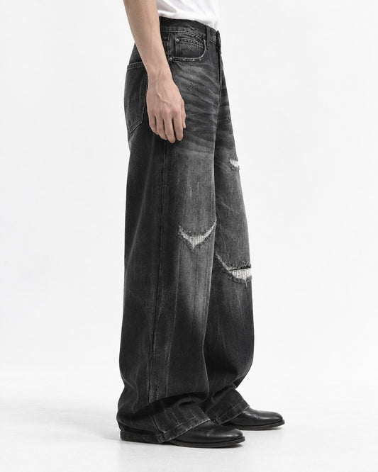 Ripped Whisker-Fade Wide-Leg Jeans