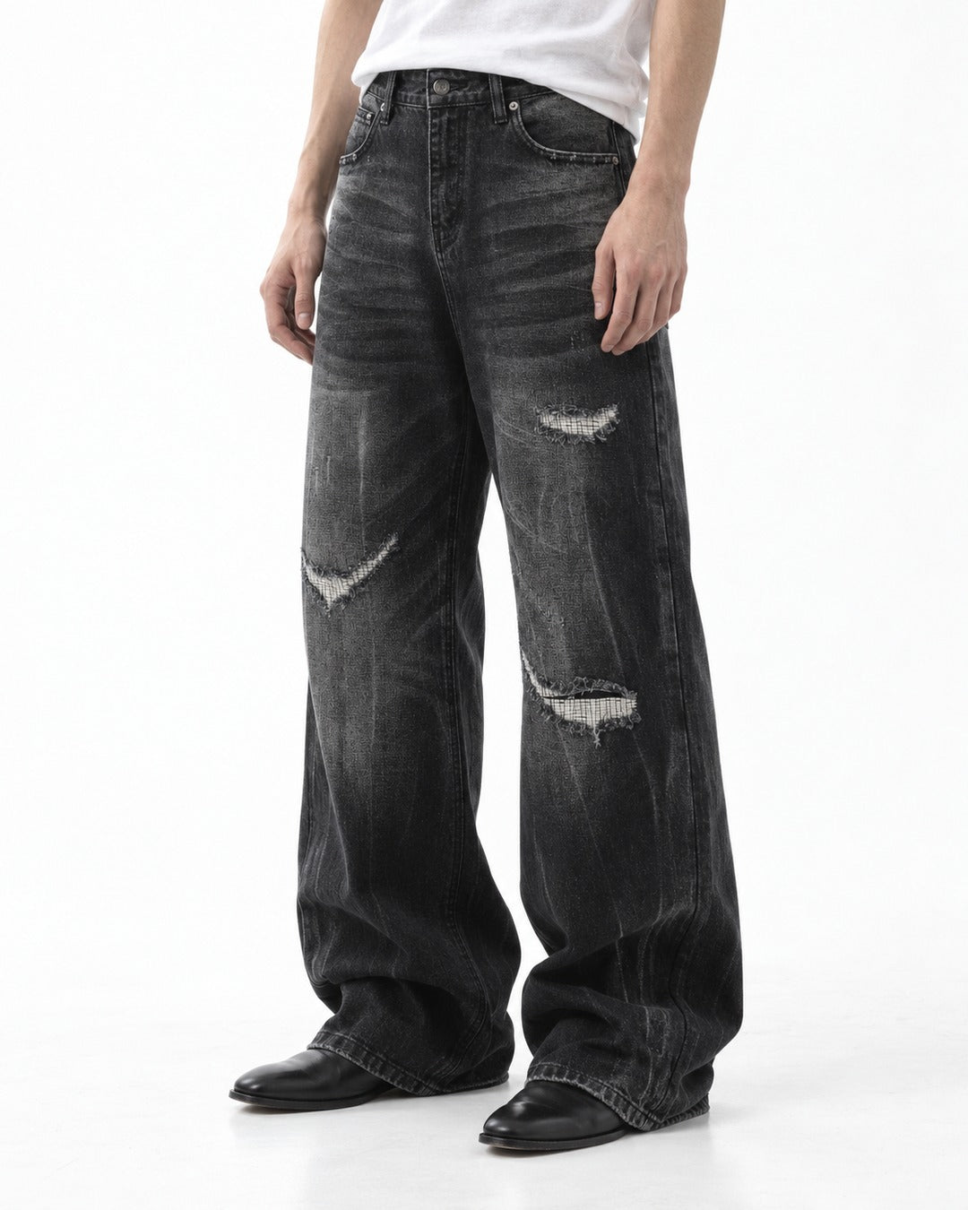 Ripped Whisker-Fade Wide-Leg Jeans