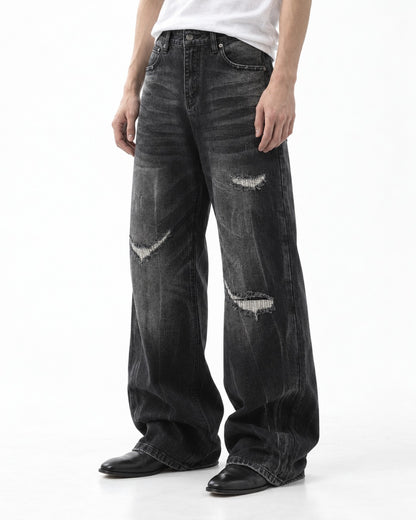 Ripped Whisker-Fade Wide-Leg Jeans