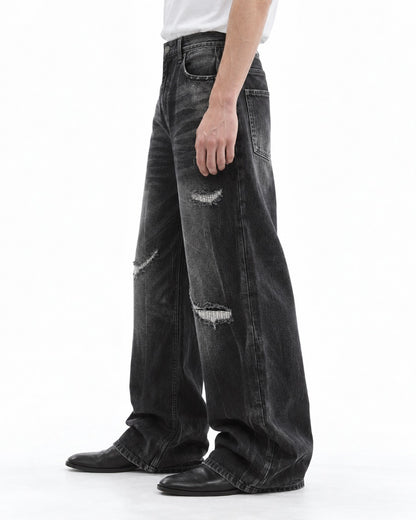 Ripped Whisker-Fade Wide-Leg Jeans