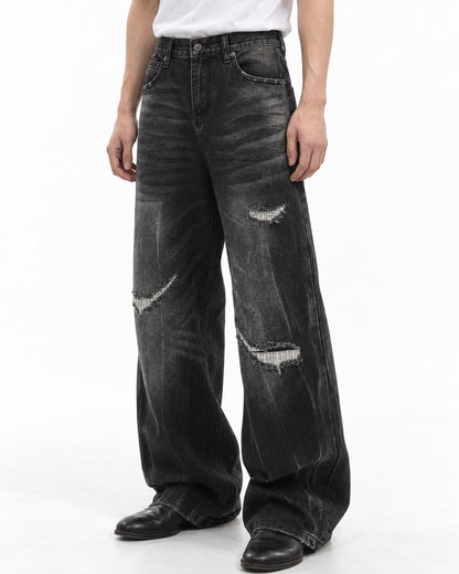Ripped Whisker-Fade Wide-Leg Jeans