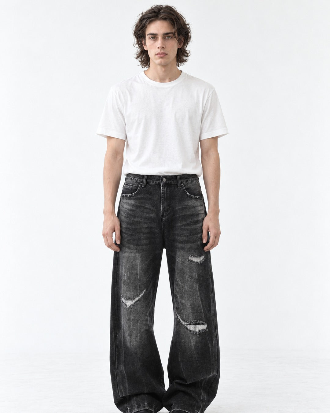 Ripped Whisker-Fade Wide-Leg Jeans