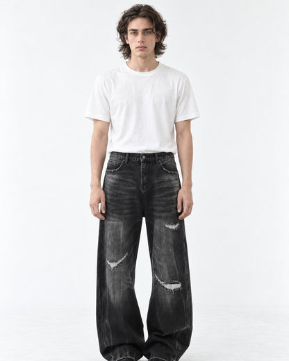 Ripped Whisker-Fade Wide-Leg Jeans