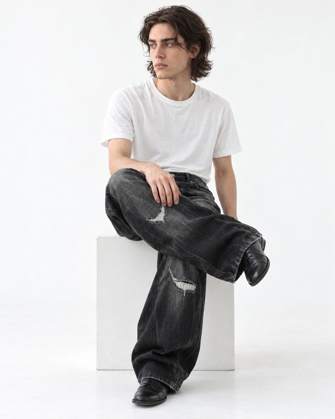 Ripped Whisker-Fade Wide-Leg Jeans