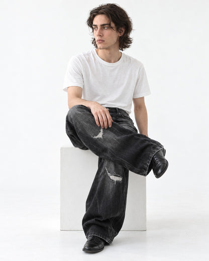 Ripped Whisker-Fade Wide-Leg Jeans