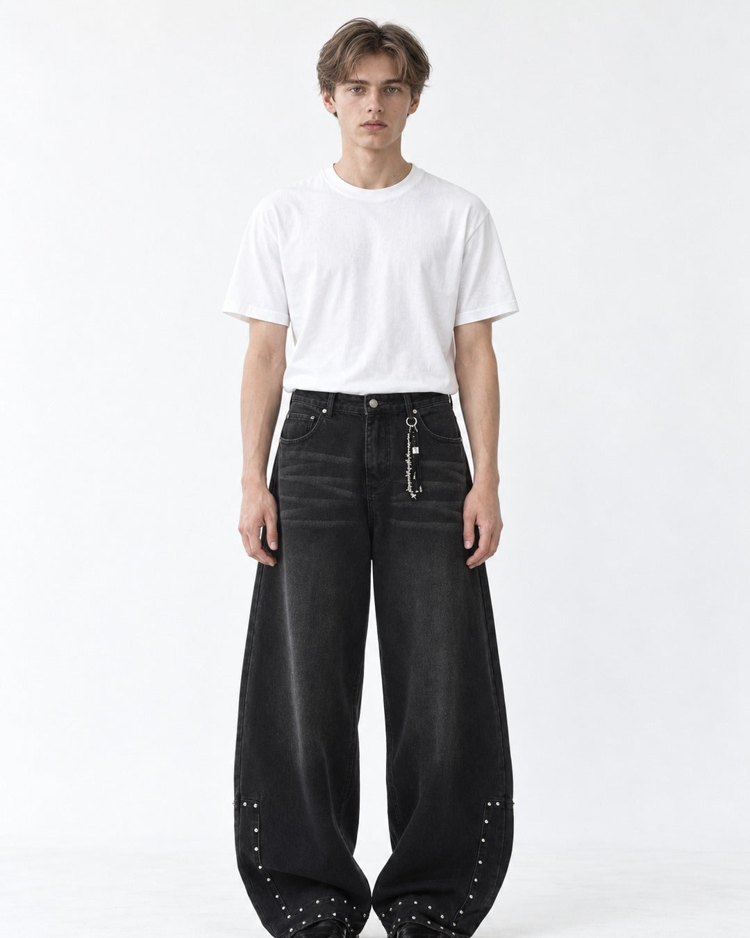 Rivet-Hem Barrel-Leg Jeans