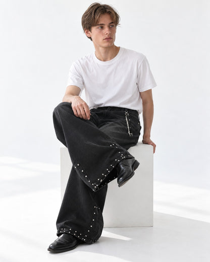 Rivet-Hem Barrel-Leg Jeans