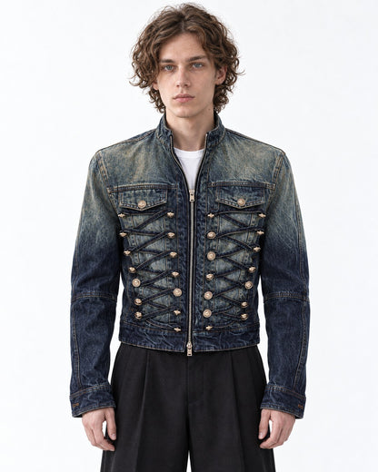 Denim Military Jacket with Button Rows