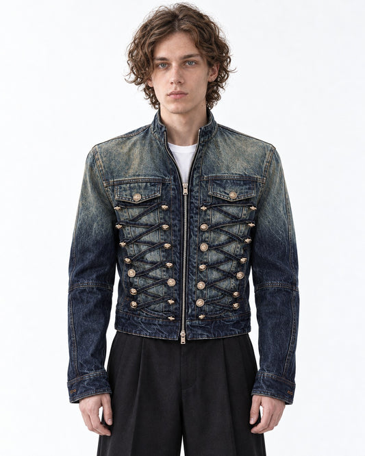 Denim Military Jacket with Button Rows